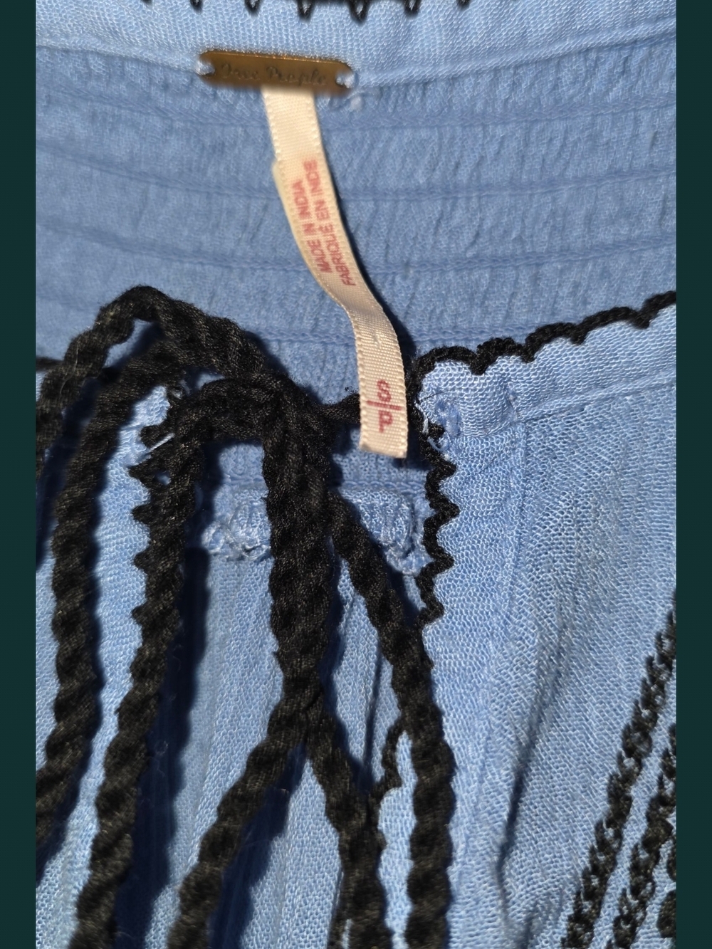 Free People Powder Blue Embroidered Peasant Dress with Green Detailing - Picture 7 of 7